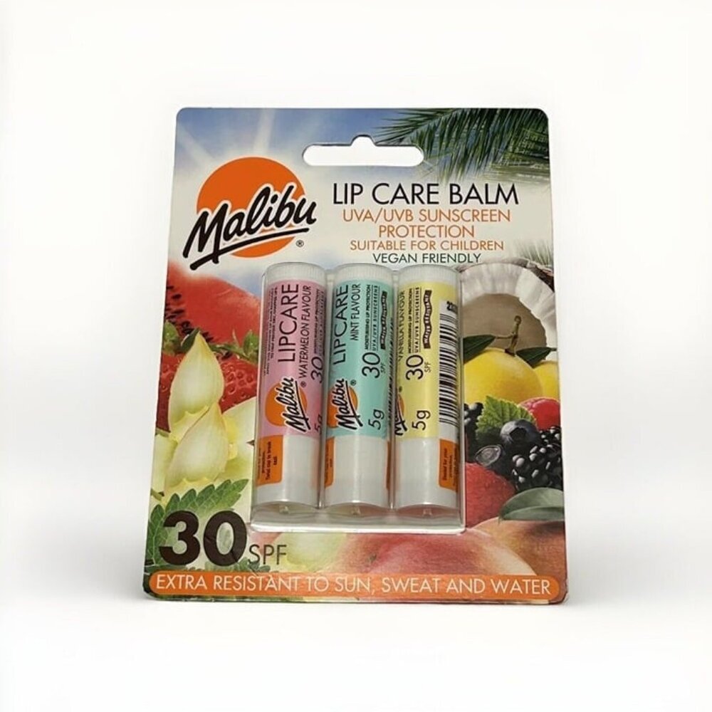 Malibu Lip Care Balm 3 Pack SPF30 Watermelon Mint Vanilla Vegan Water Proof